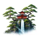 mount paozu with a japanese house on the top of the mountain, a large waterfall and many bonsai trees tattoo design idea
