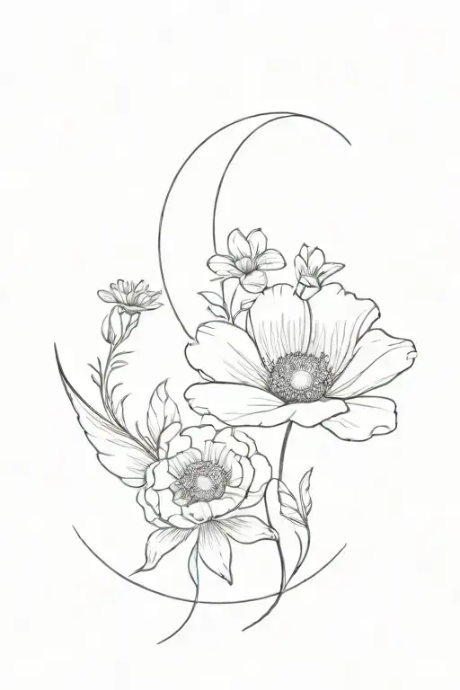 crescent moon with a daisy, sweetpea flowers and a poppy and gladiolus flower  tattoo design idea