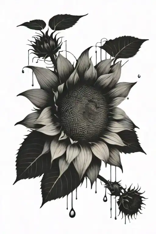 A sunflower separated by a thin line, on one side of the line raindrops on the sunflower and on the other dry tattoo design idea