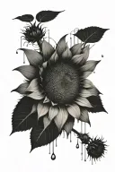 A sunflower separated by a thin line, on one side of the line raindrops on the sunflower and on the other dry tattoo design idea