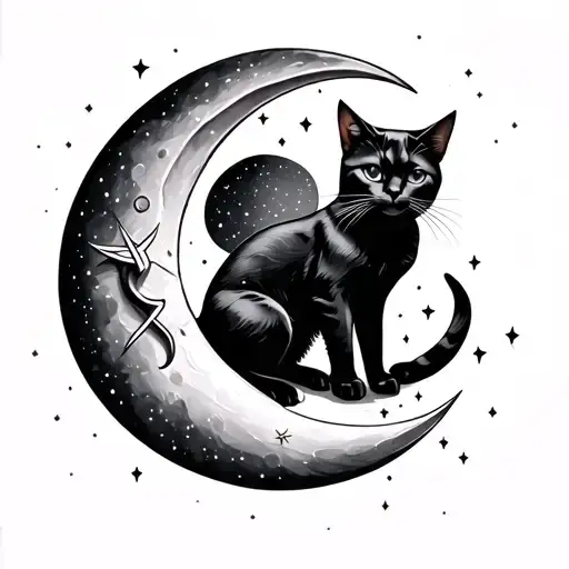 crescent moon with black cat sitting on it and Sagittarius constellation  tattoo design idea