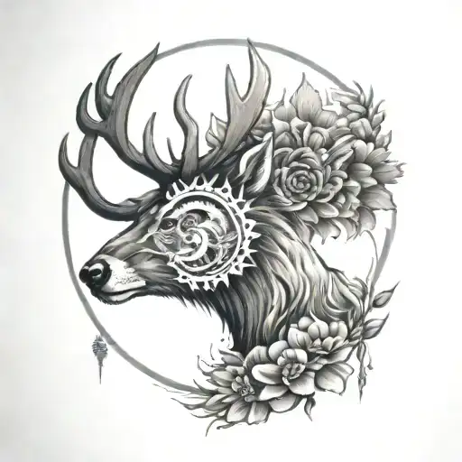 abstract tattoo design featuring sun, deer, Lilly flower, otter, beaver, raven bird, bear, chrysanthemum flower tattoo design idea