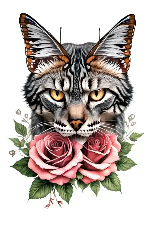 canada lynx, roses, skulls, butterfly tattoo design idea