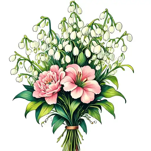 I want a traditional style bouquet with lilies of the valley, Hawthornes, snowdrops and carnations tattoo design idea