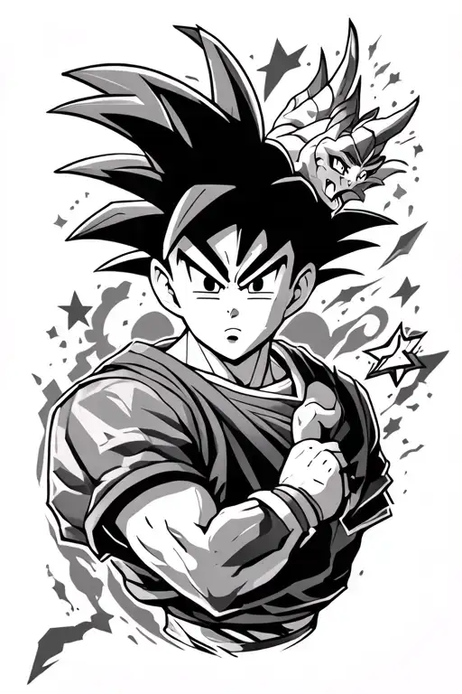 geometric tattoo based on the series Dragon Ball. include kid Goku, Shenron, and the 4-star dragon ball tattoo design idea