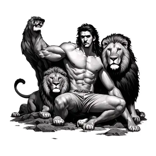 Daniel in the Lions Den tattoo focused on him and the full body Lions around him all this in a cave tattoo design idea