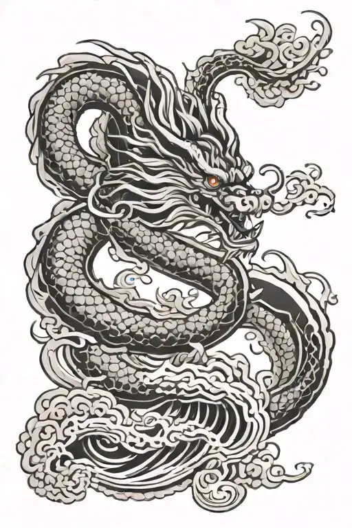 Japanese dragon with traditional Japanese waves and spiral clouds  tattoo design idea
