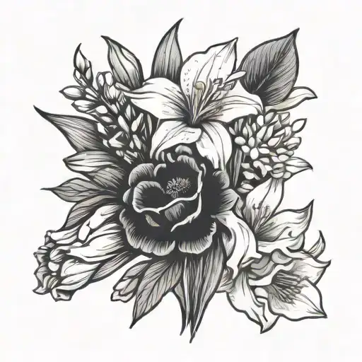 simple flower bouquet one poppy one Lilly of the valley one daffodil one cosmo one gladiolus tattoo design idea