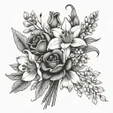 simple flower bouquet one poppy one Lilly of the valley one daffodil one cosmo one gladiolus tattoo design idea