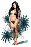 Sexy girl, petite, big boobs, wide hips, bikini . long hair,sexual. Seductive. Full Body, standing with legs and feet tattoo design idea