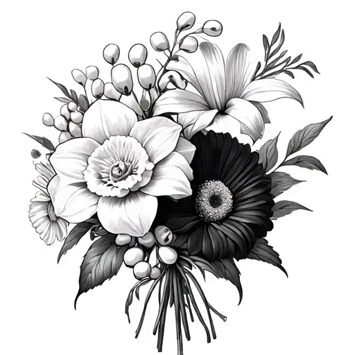 A fine line bouquet of flowers: 1 daffodil, 1 lily of the valley, 1 rose, 1 gladiolus, 1 chrysanthemum  tattoo design idea