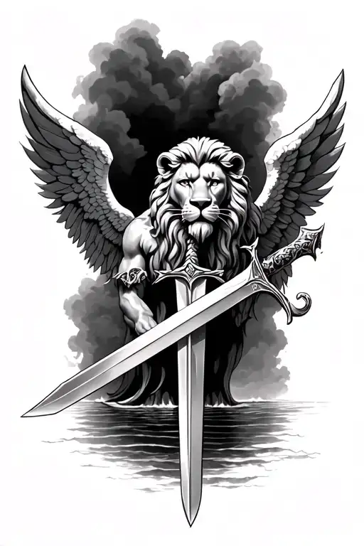 ANGEL WINGS WITH LION HEAD AND SWORD WITH SEA VIEW tattoo design idea