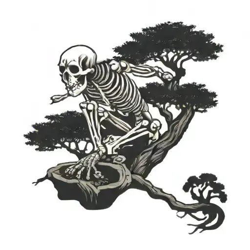 A skeleton in a squat cutting a bonsai tree silhouette tattoo design idea