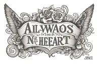 Tattoo idea Quote (Always in my heart) with name Cody and Roman numerals of date (April 26 2006) thin detail writing  tattoo design idea