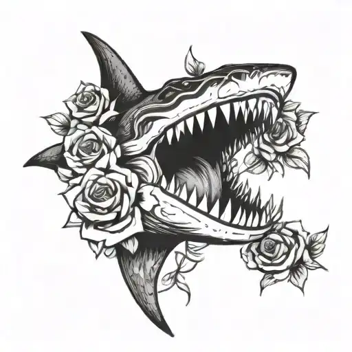 a shark jaw thats open with roses around it and a snake with roses for eyes tattoo design idea