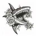 a shark jaw thats open with roses around it and a snake with roses for eyes tattoo design idea