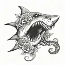 a shark jaw thats open with roses around it and a snake with roses for eyes tattoo design idea