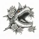 a shark jaw thats open with roses around it and a snake with roses for eyes tattoo design idea