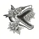 a shark jaw thats open with roses around it and a snake with roses for eyes tattoo design idea