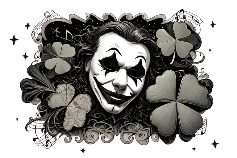 Theater mask, notes, Joker map, four -leaved clover, starry sky, Gothic style tattoo design idea