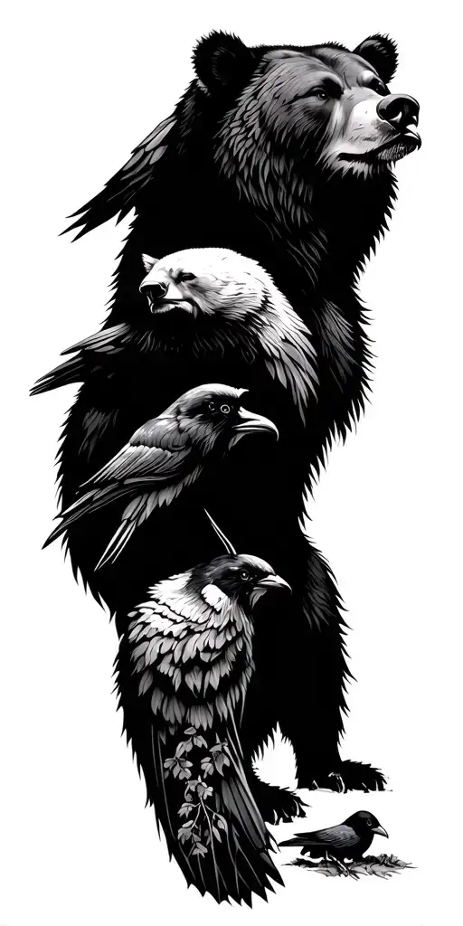 Nordic mythology. A Bear at the shoulder and two ravens on the forearm. Fills with trees and Nordic things. tattoo design idea