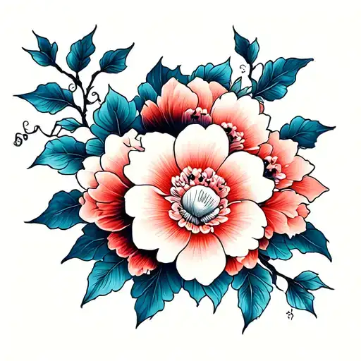 Japanese floral tattoo with tribal patterns tattoo design idea