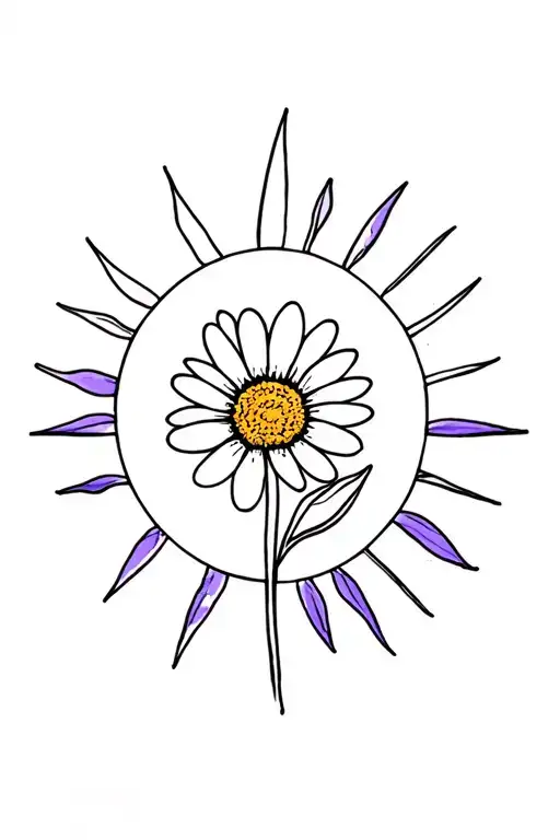 fine line half sun with daisy, violet, Gladiolus flower tattoo design idea