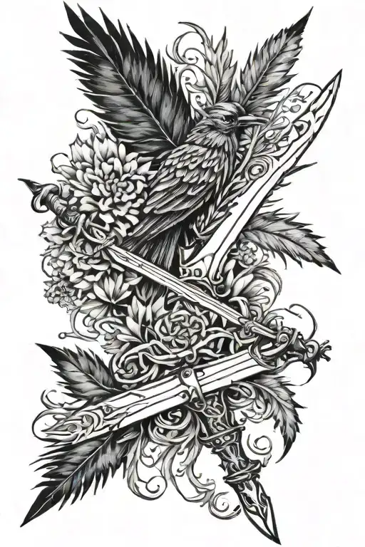 eryngium, gasoline stains, crow feather, sword tattoo design idea