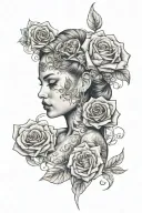 The tattoo concept involves a hand sleeve featuring a full body curvy woman with a transparent brain add rose and money tattoo design idea