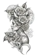 The tattoo concept involves a hand sleeve featuring a full body curvy woman with a transparent brain add rose and money tattoo design idea
