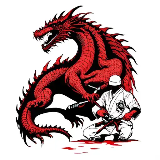 A stylized tattoo of a phlebotomist drawing blood from a dragon, incorporating elements of jiu-jitsu movements, in dotwork style tattoo design idea