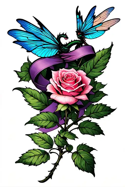 Pink rose starting to open up with 1 stems with 2 leaves coming off of them , a blue dragon fly, and a purple ribbon  tattoo design idea
