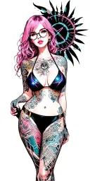 Sexy girl, petite, big boobs, wide hips, bikini . pink hair,sexual. Seductive. Full Body including arms. glasses tattoo design idea