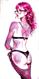Sexy girl, petite, big boobs, wide hips, bikini . pink hair,sexual. Seductive. Full Body including arms. glasses tattoo design idea