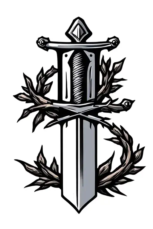 laurel wreath with sword through it. crown of thorns on sword handle. simple design tattoo design idea
