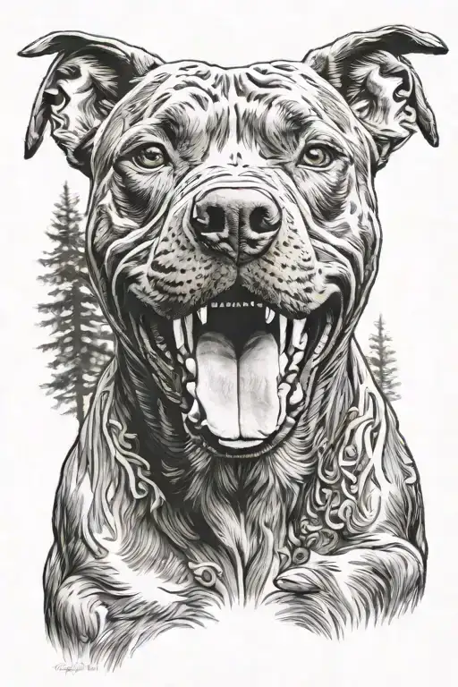 pitbull dog with background of the forest tattoo design idea