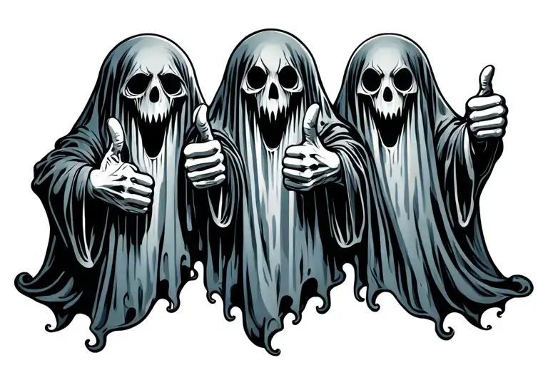 3 tiny linework sheet ghosts doing a thumbs up tattoo design idea