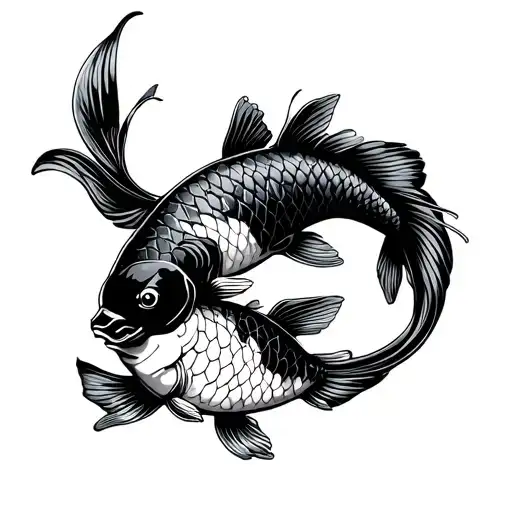 cybersigilism Y2K style tramp stamp including 2 koi fish, black outline, white background, drawing tattoo design idea