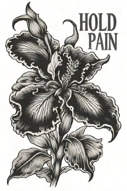 the words "hold on pain ends" stacked on top of eachother with an iris flower tattoo design idea