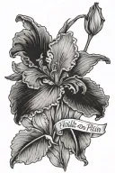 the words "hold on pain ends" stacked on top of eachother with an iris flower tattoo design idea