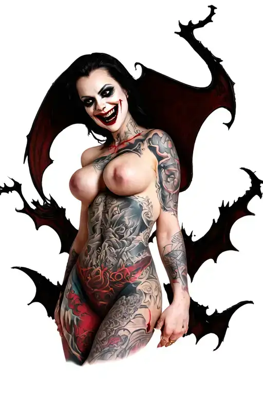 sexy nude vampire, huge boobs, evil smile, full torso, detailed, tattoos, beautiful tattoo design idea