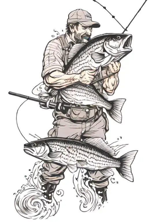 background: man in waders reeling in a fishing pole. foreground: giant bass fish flopping with water splashes tattoo design idea