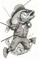 background: man in waders reeling in a fishing pole. foreground: giant bass fish flopping with water splashes tattoo design idea