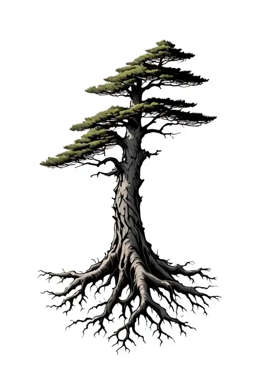 pine tree with roots tattoo design idea
