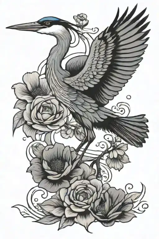 blue heron flying across with a flower in its claws  tattoo design idea