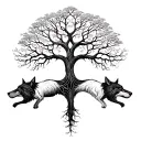 two wolves constituting the roots of the tree of life whose trunk is a woman's face tattoo design idea