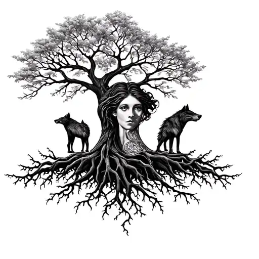 two wolves constituting the roots of the tree of life whose trunk is a woman's face tattoo design idea