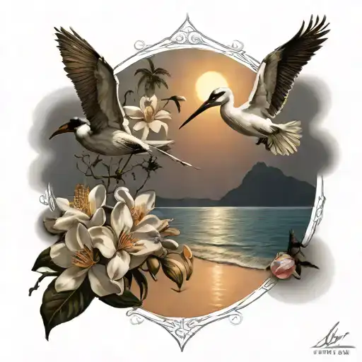 magnolia flowers, sunrise, pelicans, beach scene, with sparrows and helicopters flying  tattoo design idea