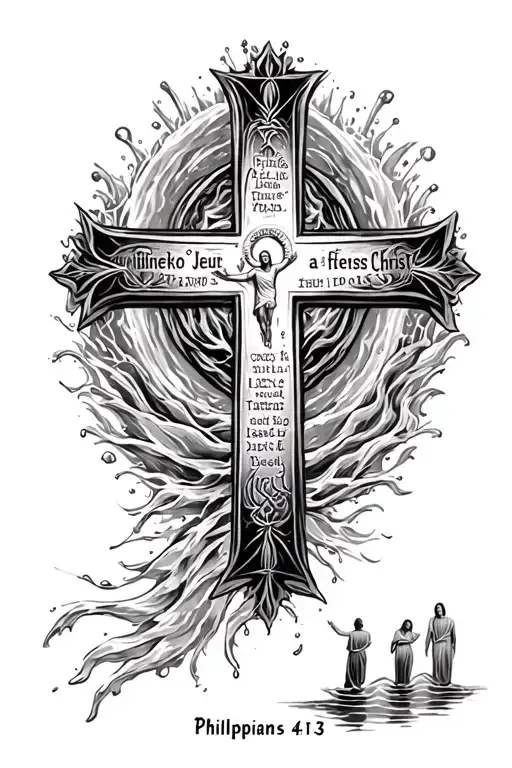 A large detailed cross at the center with wordings Philippians 4:13 and Jesus Christ walking in water at the bottom. tattoo design idea