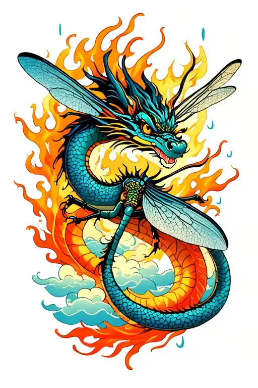 dragon fly out of clouds fire rain tattoo design idea